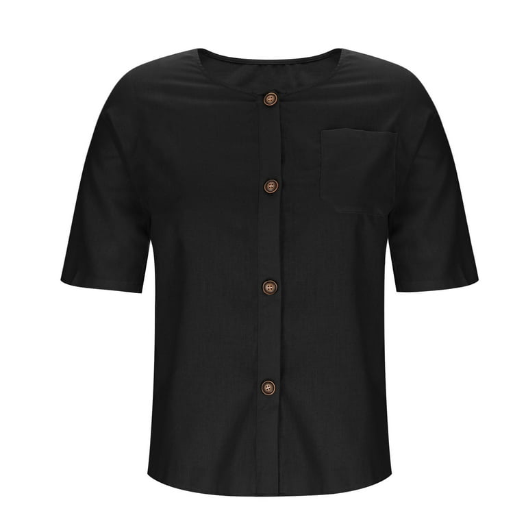 black short sleeve dress shirt womens UVEASISHA Button Down Shirts for Women Short Sleeve Collared Dress Shirt  with Pocket Cotton Linen Comfy Bussiness Work Blouse Black XXL