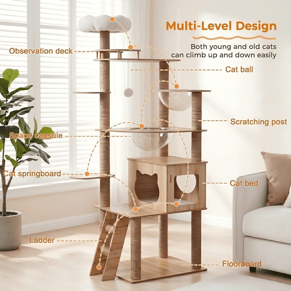 Mekidulu 67" Tall Wooden Cat Tree with Dual Transparent Pods, 7-Level Wood Cat Tower for Large Cats, Brown B12