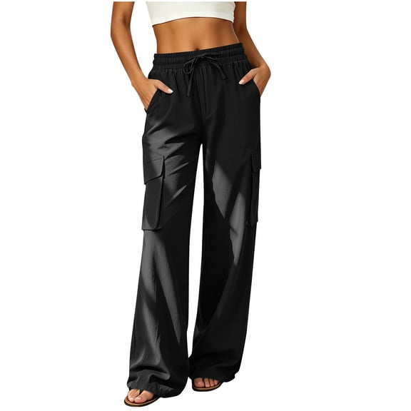 ByworldtasicNo Boundaries Women's High Waist Wide Leg Cargo Pants, Drawstring Flowy Casual Trousers with Pockets for Hiking Work