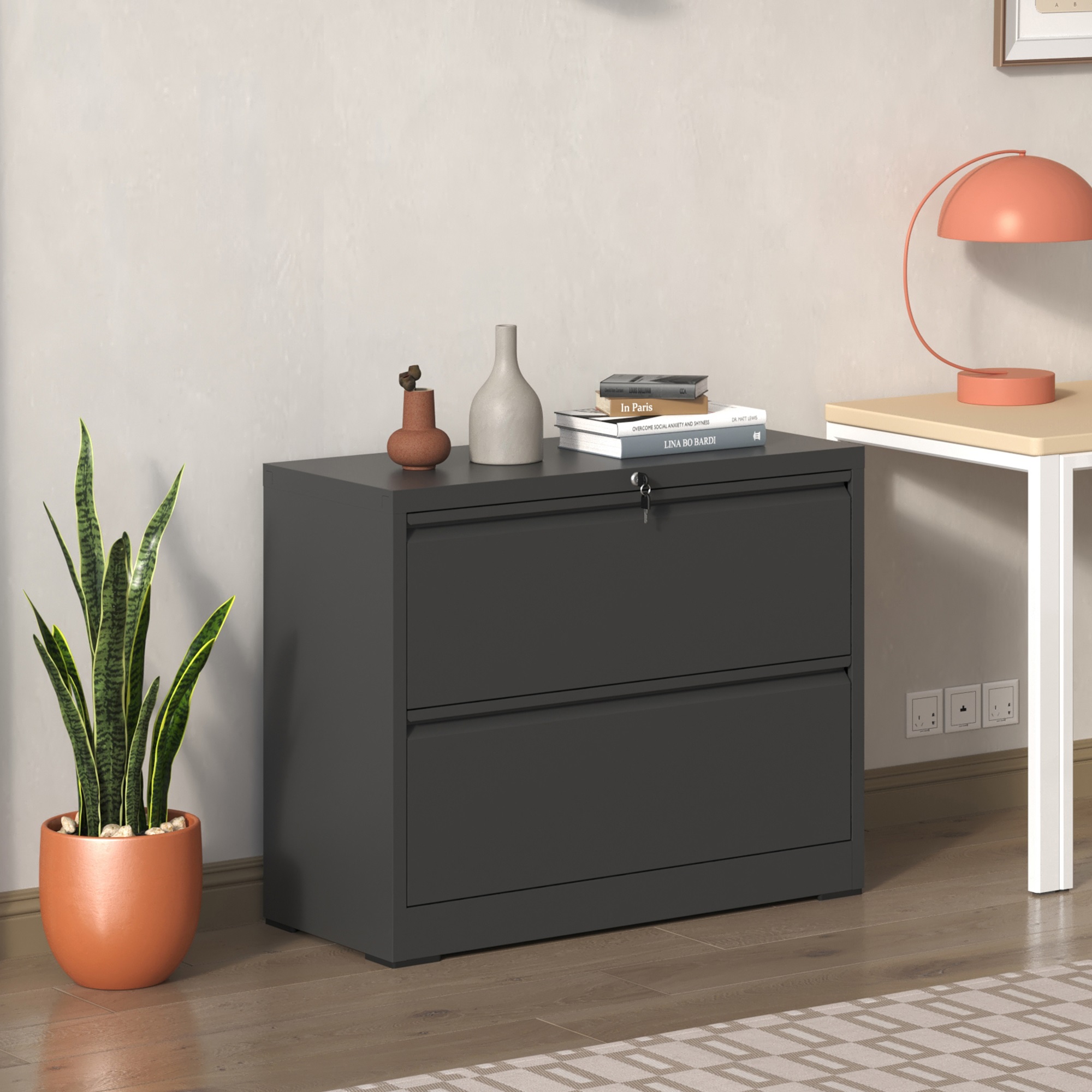 Lateral File Cabinet 2 Drawer, Black Filing Cabinet with Lock, Lockable File Cabinet for Home Office, Locking Metal File Cabinet for Legal/Letter/A4/F4 Size