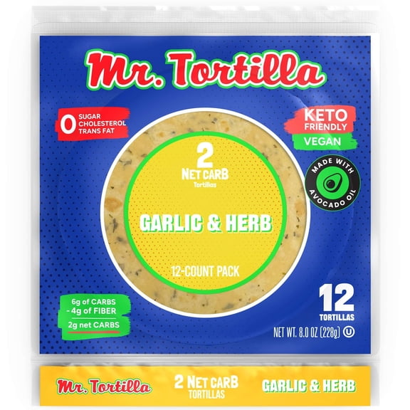 Mr. Tortilla 2 Net Carb Tortilla Wraps (12 Tortillas) | Keto, Vegan, Kosher | Garlic & Herb