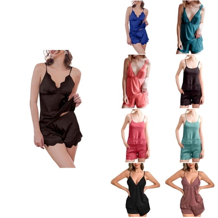 Antinious Women Solid Sleeveless Lace Ice Silk Cami and Shorts Summer Loungewear Soft Breathable Silm Pajamas Set