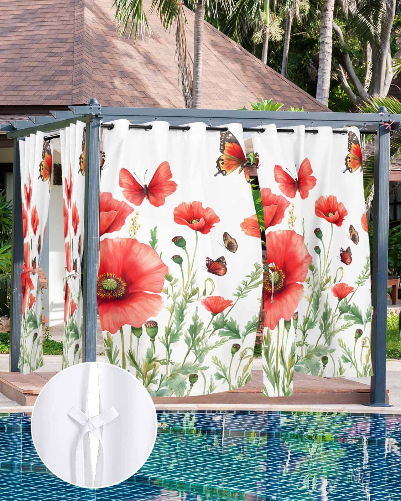 Red Flower Outdoor Curtains for Patio, Spring Butterfly Waterproof Weatherproof Outside Privacy Curtains Outdoor Drapes for Porch Pergola Gazebo 54x84 Inch, 2 Panel