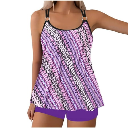 ZQGJB Womens 2025 Tankini Swimsuits Tummy Control Flowy Swimwear Two Piece Bathing Suits O-Ring Tie Strap Swim Tank Top with Boyshorts(Purple#01 XL)