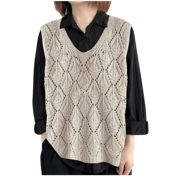 Wyobmus Womens Sweater Vest Spring Fall Crochet Hollow Out Knitted Pullover Tops Sleeveless Sweaters Tank Tops Beach Cover Ups A-Beige