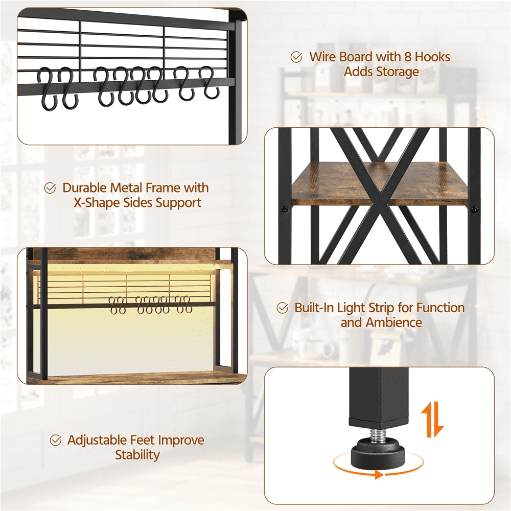 Renwick 5-Tier Industrial Kitchen Baker's Rack with Led Light and Power Outlets, Rustic Brown