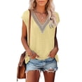 thumbnail image 1 of Whataatahia Las mujeres ahuecan hacia fuera la parte superior con cuello en V profundo empalme de encaje elegante transpirable cómoda camisa de manga corta Top para el verano amarillo S, 1 of 5