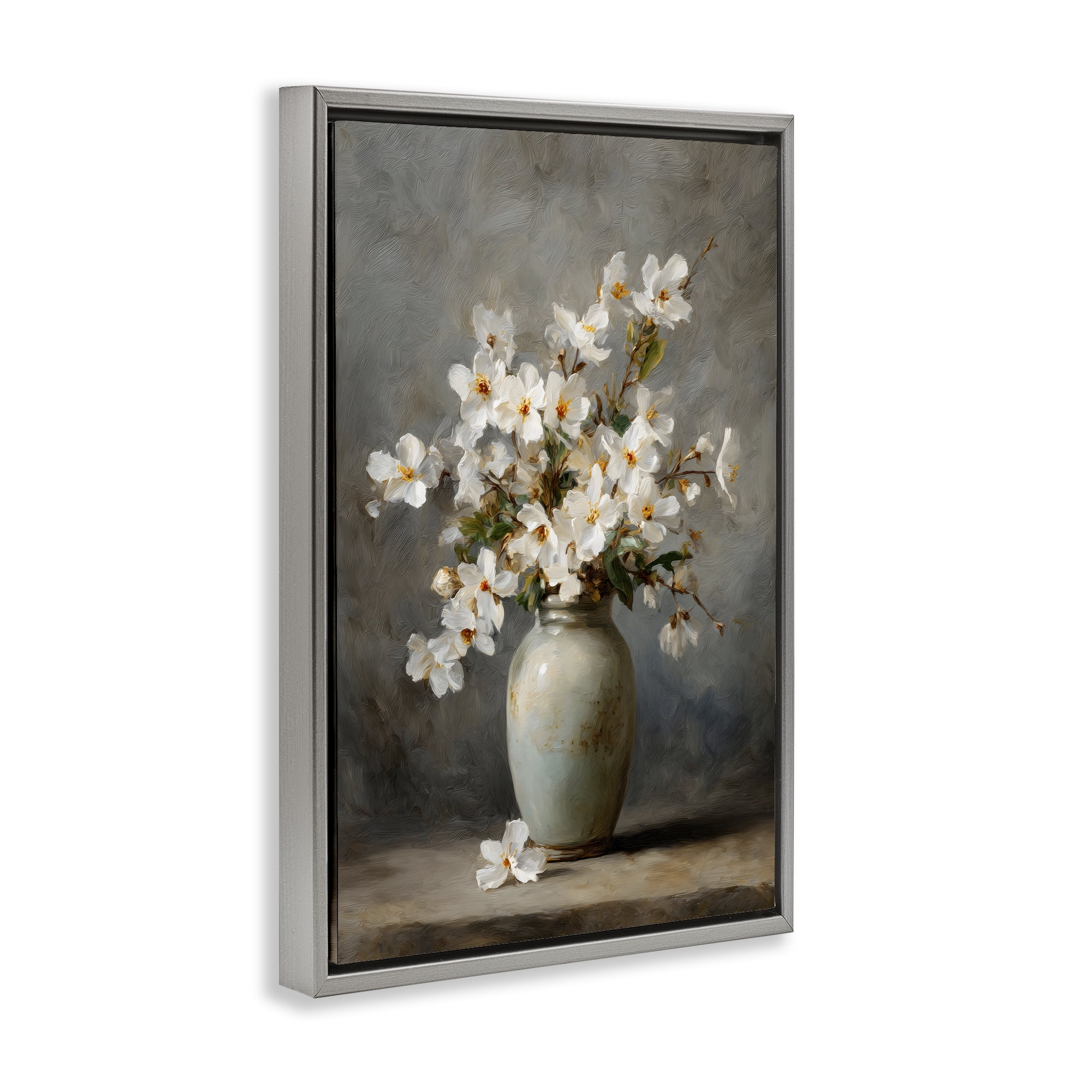 Stupell Industries Full White Flowers in Vase Gray Framed Floater Canvas Wall Art, design by Petal Prints Design