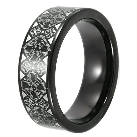 Men's Black IP Tungsten Celtic Cross Pattern Wedding Band - Mens Ring