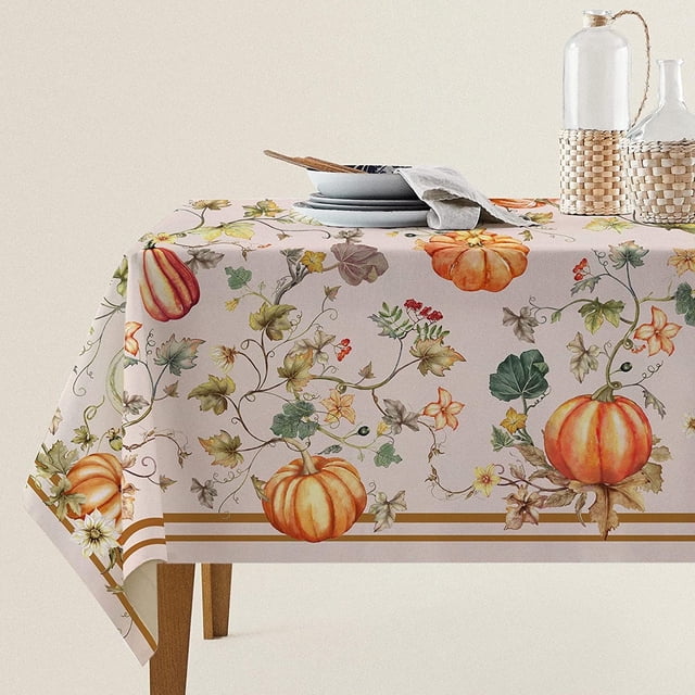 Thanksgiving Fall Tablecloth Maple Leaves Polyester Table Cover Watercolor Fall Pumpkins Berry Table Cloth Farm Harvest Autumn Falling Leaves Table Cover for Autumn Harvest (Rectangle, 60"×84")