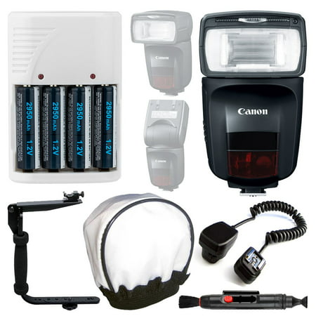 Canon Speedlite 470EX-AI Flash + Off Camera Shoe Cord + 4 AA Rechargeable Batteries & Charger (White) + Universal Flash Bounce Diffuser + Flash Bracket + Cleaning Pen – Complete Flash Accessory