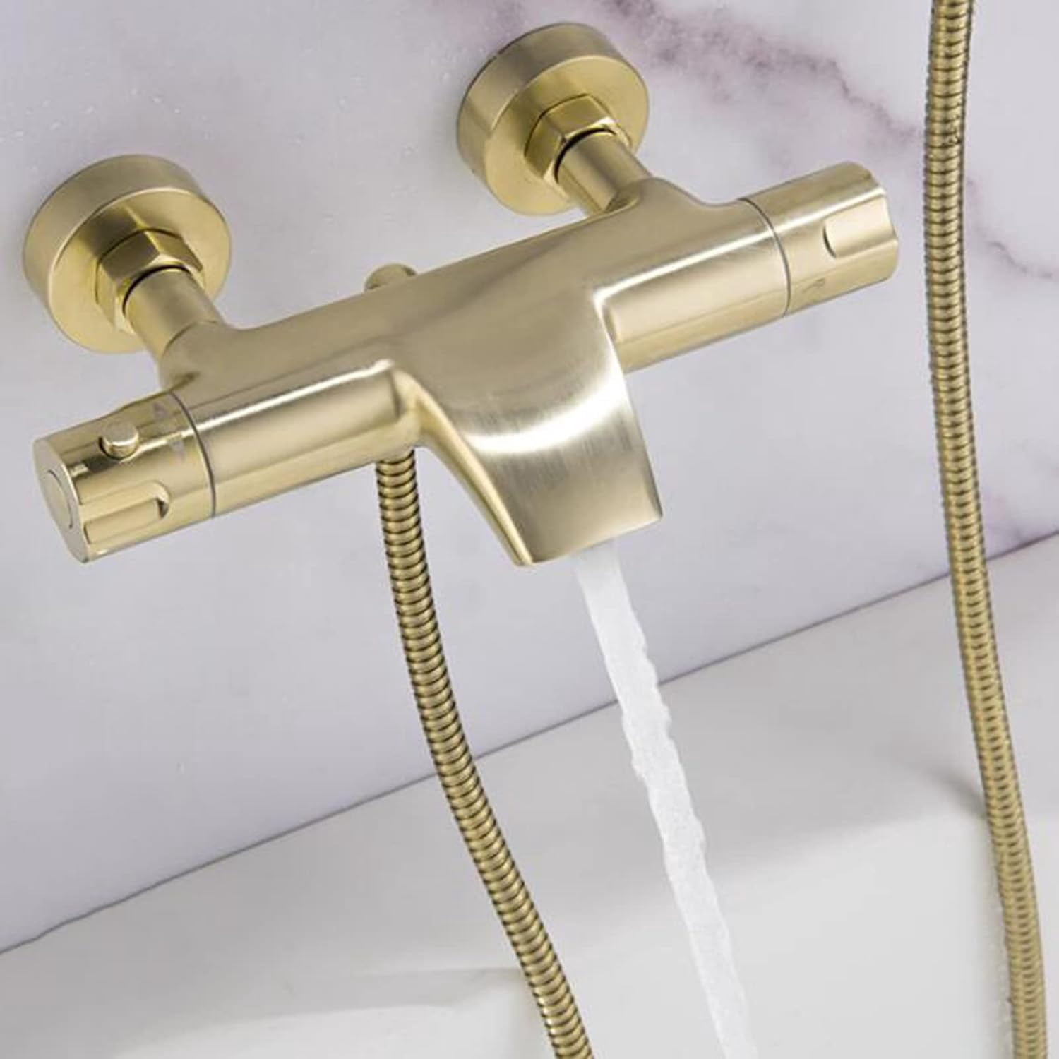 Bathtub Faucet with Handheld Shower Wall Mounted Brass Thermostat Shower Bathtub Faucet Brushed Gold