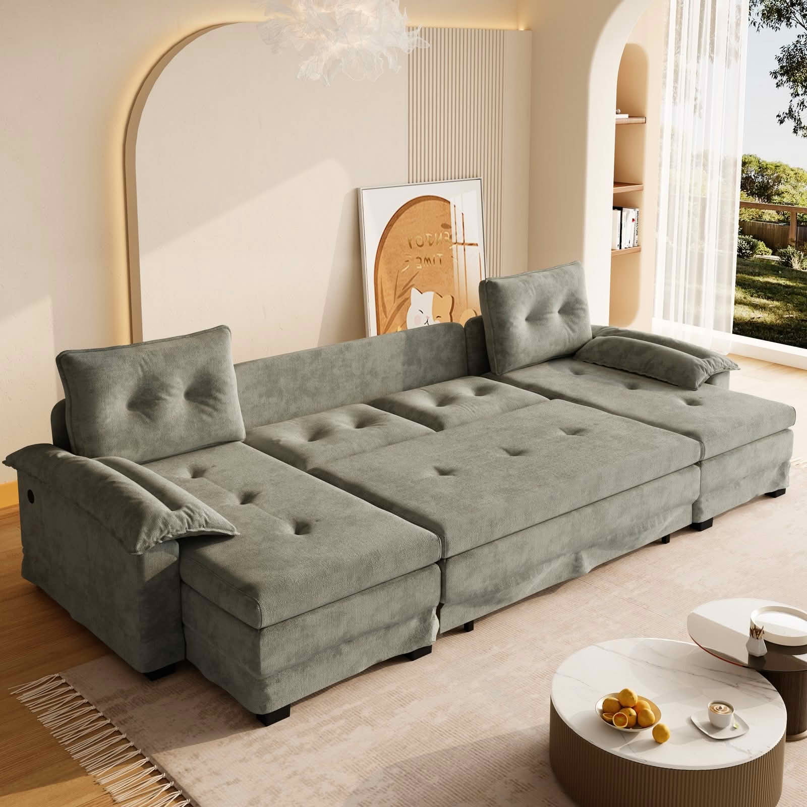 MAYEERTY 109.5" U‑Shaped Pull‑Out Sleeper Sofa, 2‑in‑1 Convertible Modular Sectional with Removable Armrests, USB Ports, Chaise Lounge, 4 Pillows Included