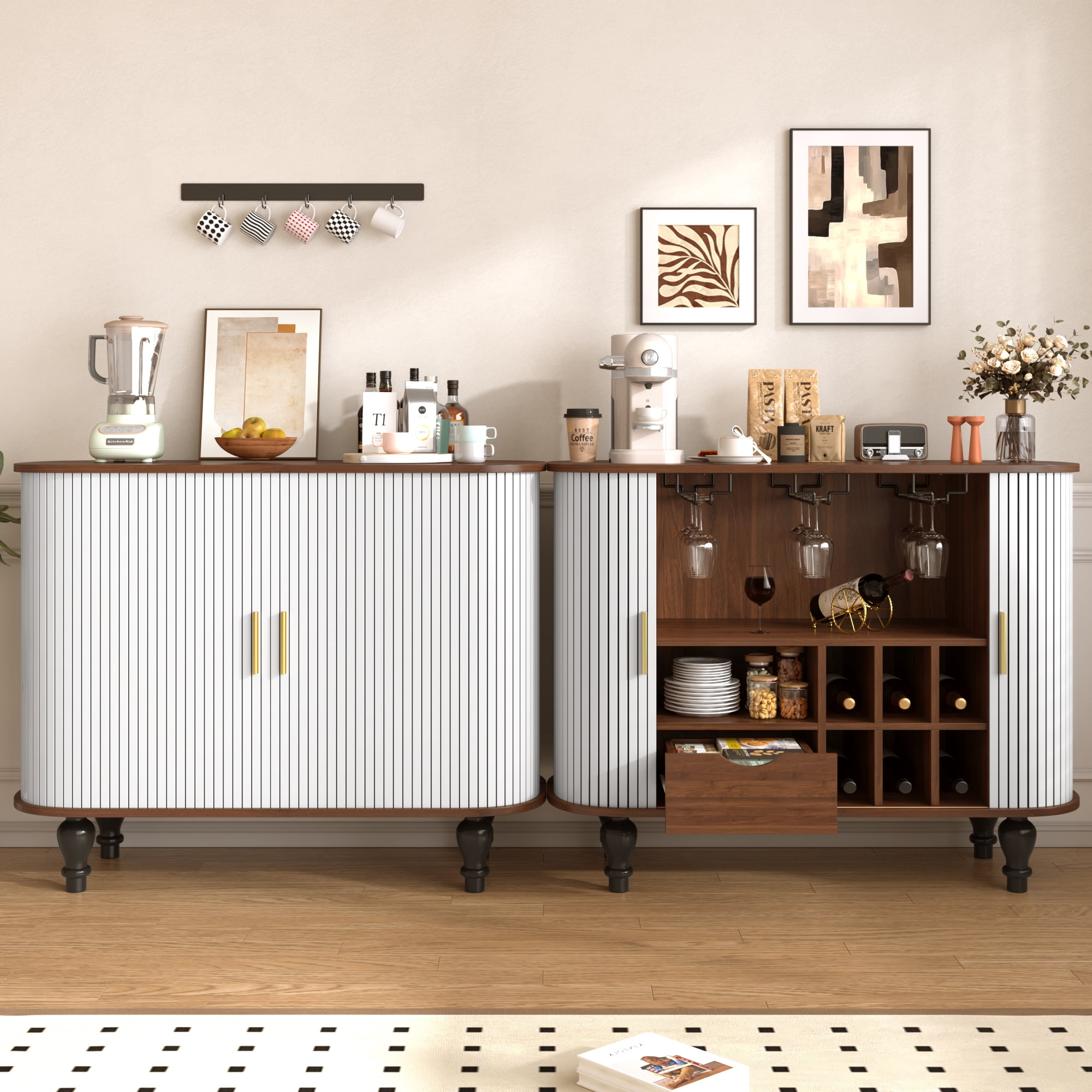 avobird 39" Fluted Liquor & Coffee Bar Cabinet with 6 Wine Racks and 3 Glass Holders, Mid-Century Modern Bar Cabinet with A Large Storage Drawer ,4 Hidden Storage Space on the Side , White