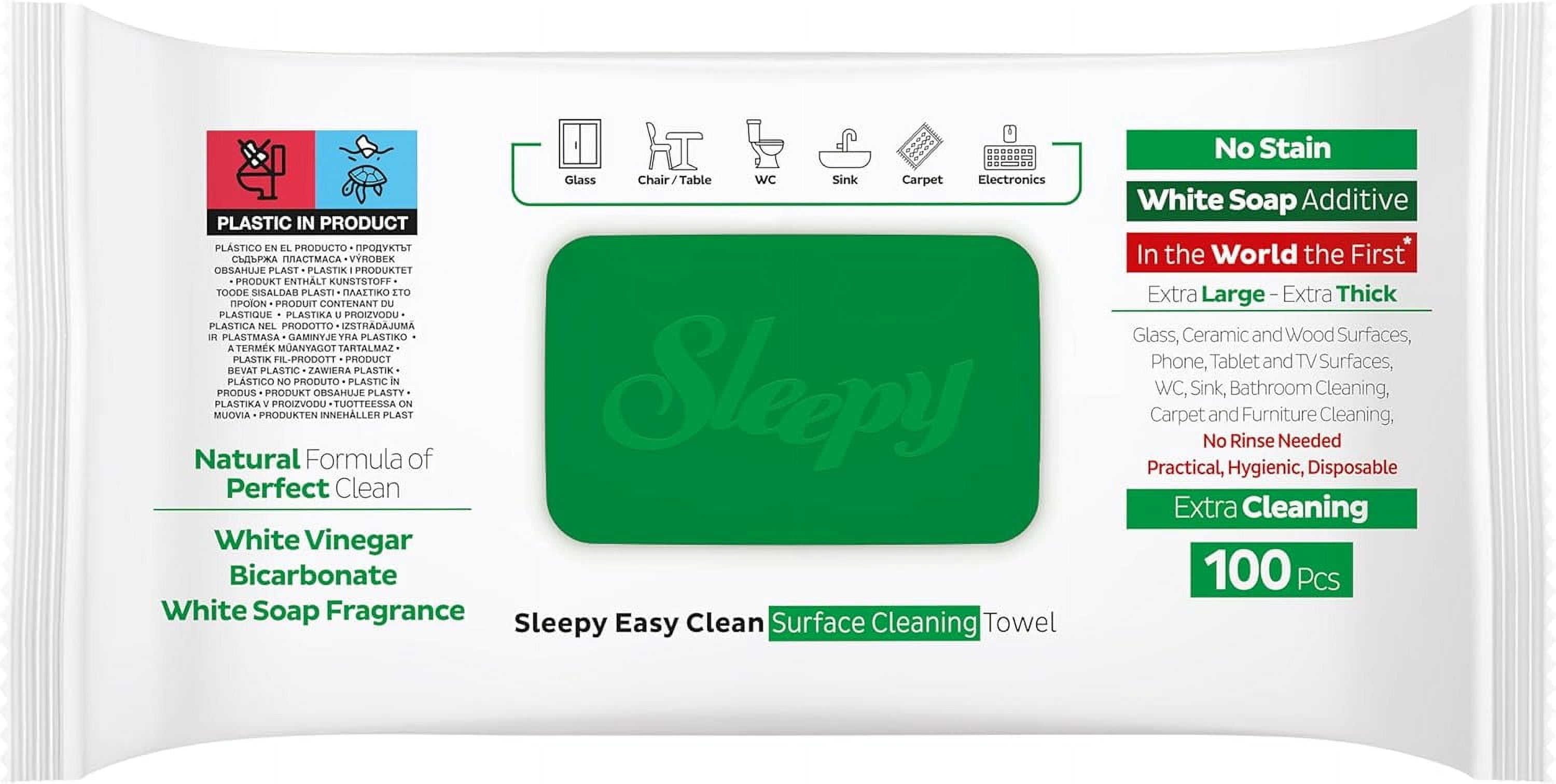SLEEPY Pack of 6 Easy Clean All-Purpose Household Cleaning Wet Wipes, Vinegar and Bicarbonate Based, White, 100 Count