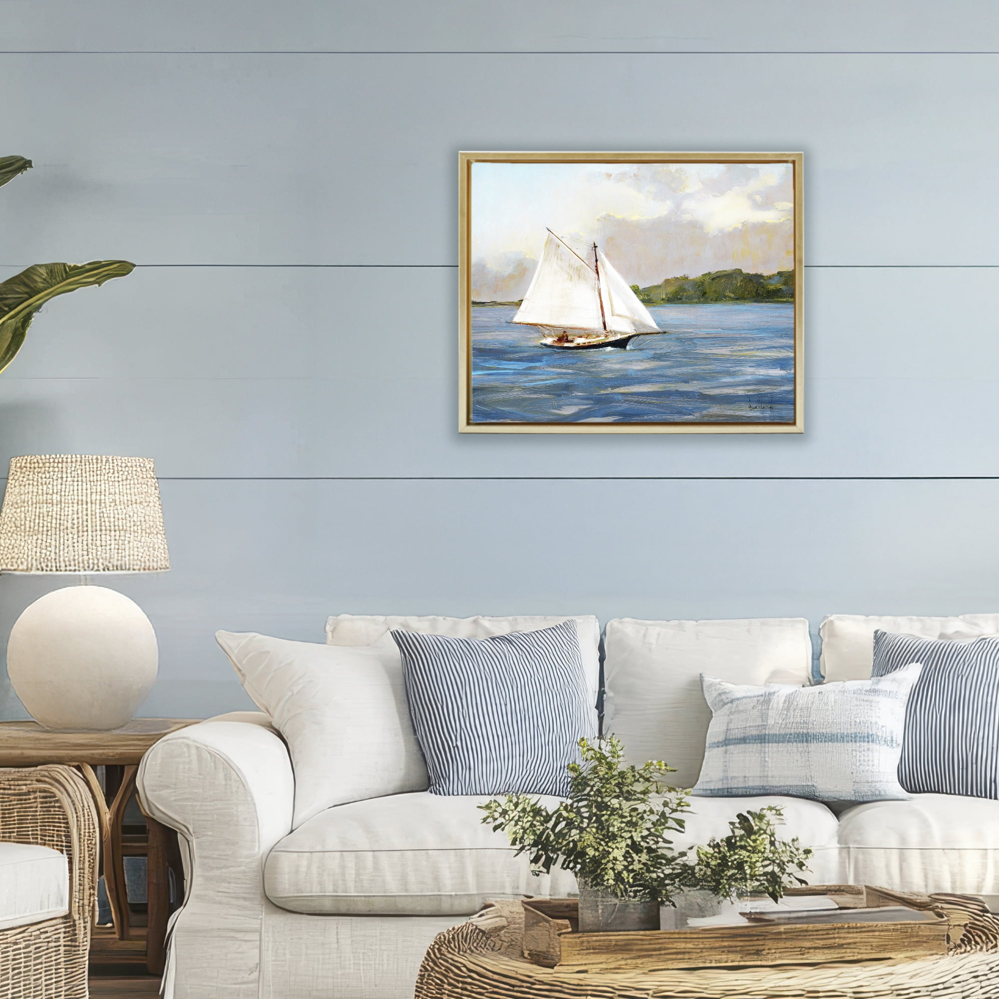 Stupell Industries White Sailboat on Calm Blue Sea Gold Framed Floater Canvas Wall Art, design by Katie Swatland