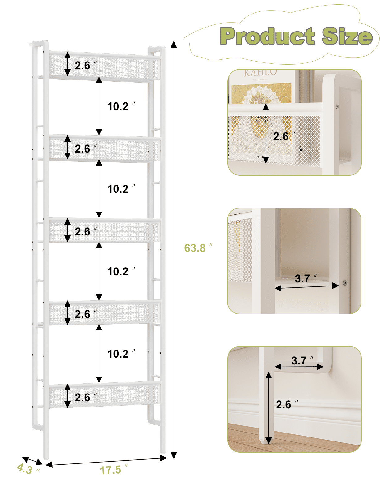 Cyxphion B8 Wall Mounted Metal Bookcase, 6-Tier Mesh Storage Shelf Organizer, Heavy Duty Steel Wall Bookshelf for Home Office, Living Room, Study, White