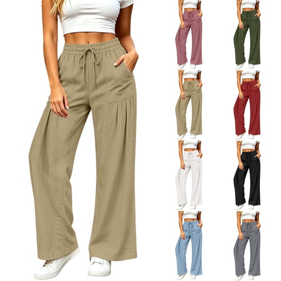 Vynhevius Women Wide Leg Pants Solid Drawstring Waist Dual Pockets Pleated Casual Loose Trousers