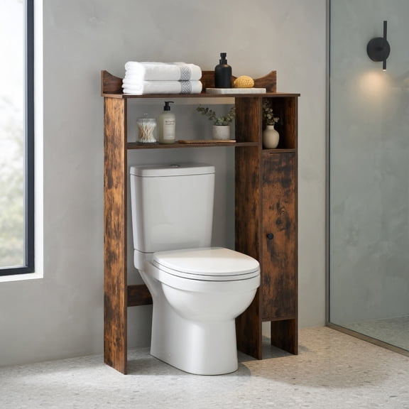 Hommoo Over the Toilet Storage Cabinet with Built-in Toilet Paper Holder, White Engineered Wood Bathroom Organizer for Small Spaces, Rustic Brown