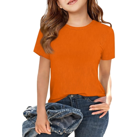 Lumtrix Girls Short Sleeve Shirts Dressy Casual Crewneck Ribbed Knit Slim Fit Summer Tops Basic Tee 5-14 Years Orange 150