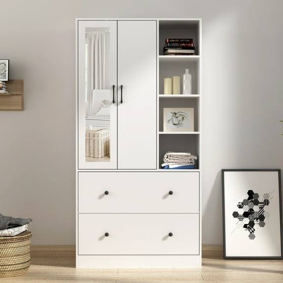 KULAGAGA 2-Door Large Wardrobe with Drawers and Open Shelves, Closet Storage Organizer with Mirror and Telescopic and Hanging Rod White