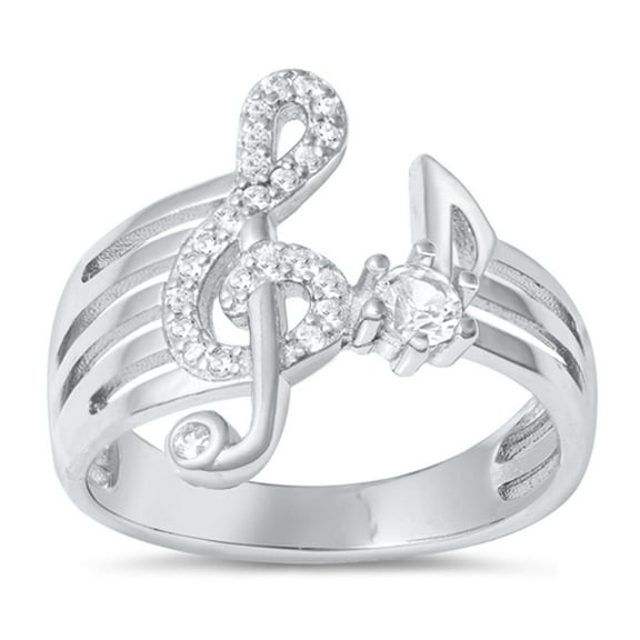 Clear CZ Treble G Clef Ring .925 Sterling Silver Music Note Band White Jewelry Female Size 6