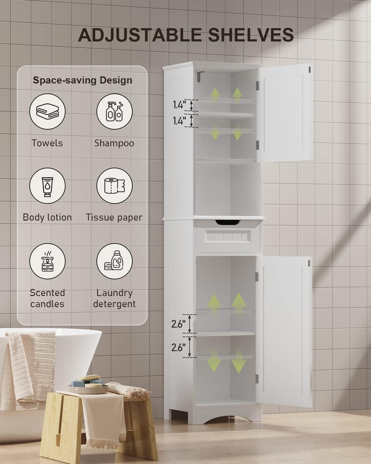Tall Bathroom Cabinet with Adjustable Shelves - Stylish White Storage Cabinet with Doors, Perfect for Bathroom, Kitchen, or Living Room