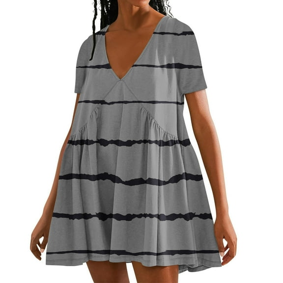 Zkozptok Women's V Neck Short Sleeve Mini Dress Striped Babydoll Dress Summer Casual Flowy Sun Dress