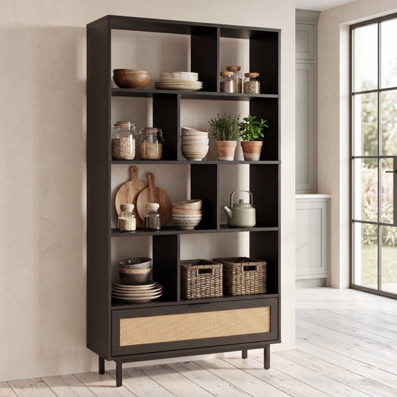 Giantex 64" Tall Freestanding Wooden Bookcase, Display Storage Organizer for Home Office, Black