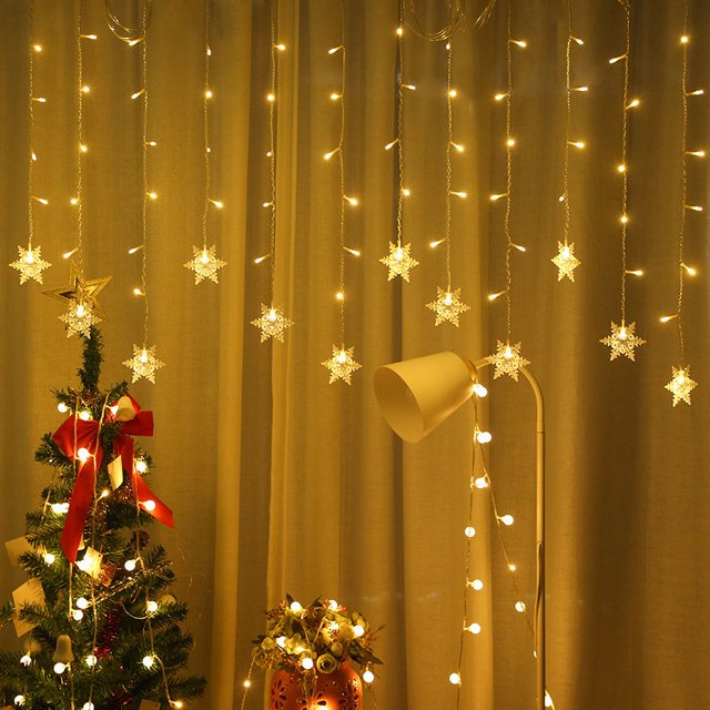 Cadena de luces LED con forma de copo de nieve para decoración navideña, cortina de luces con forma de copo de nieve, luces impermeables para exteriores para bodas