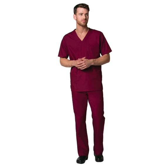 Maevn Red Penda Men's 3-Pocket V-Neck Top & Full Elastic 10-Pocket Cargo Pant Scrub Set