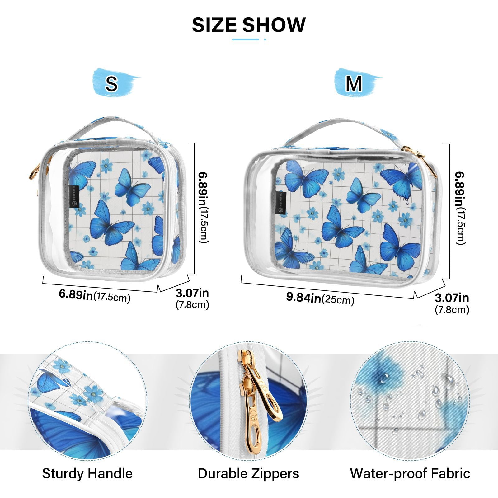 Clear Makeup Bags with Handle Large Opening 2 Pack Set Toiletry Bag Quart Size Bag, for Women Man Traveling Travel Essentials, Toiletries and Other. Blue Butterfly Flower