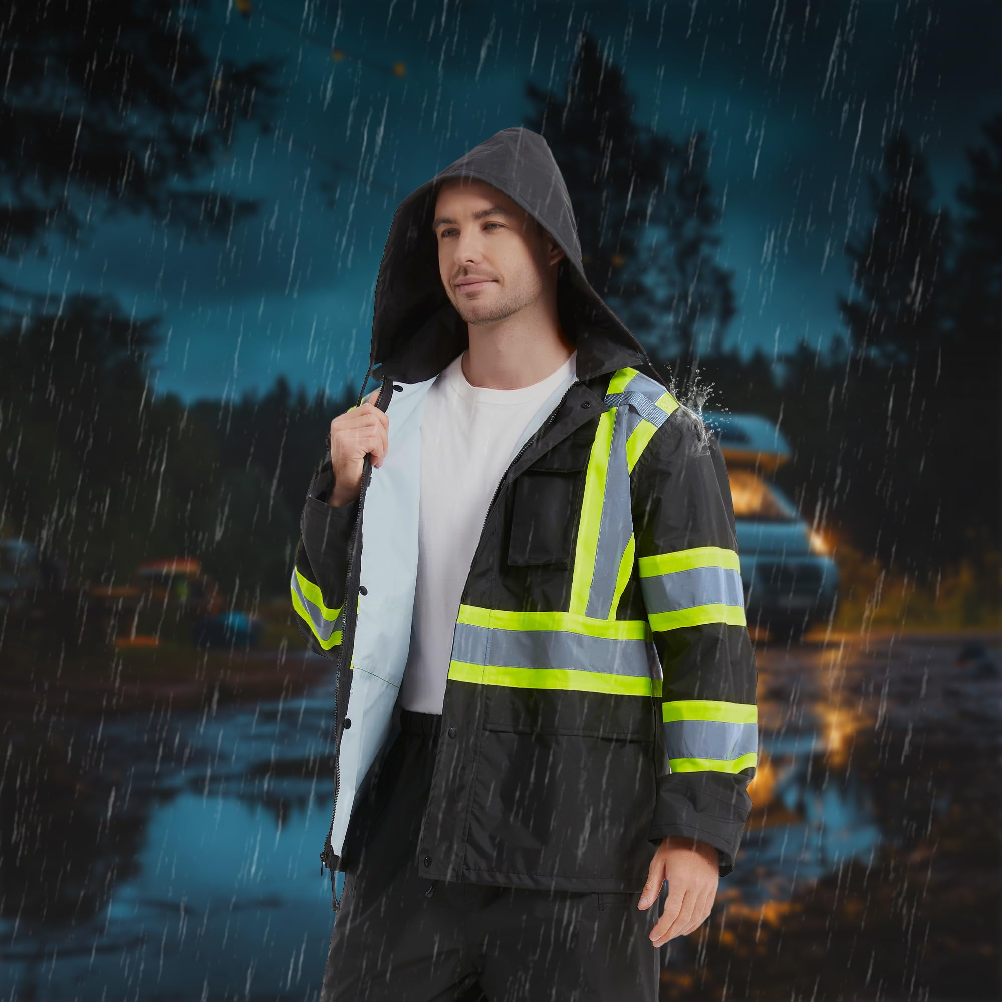 ProtectX Hi Vis Safety Rain Jacket and Pants, Waterproof Reflective Rain Gear for Farming Fishing Work, Men Women Rain Suit with Inner Mesh Lining and Pockets, Black