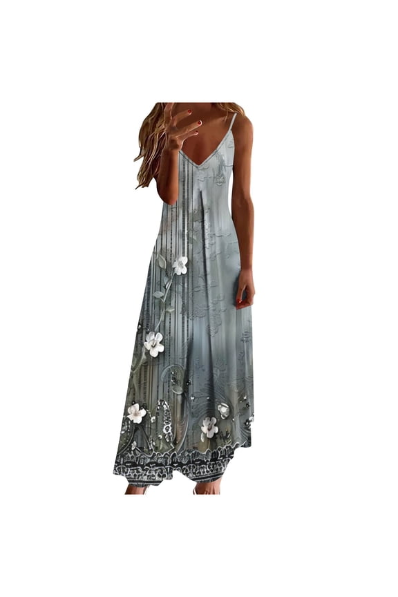 Womens Floral Beach Dress Casual Maxi Sundresses V Neck Sleeveless Long Dress Summer Elegant Dress Loose Maxi Dress,XXL