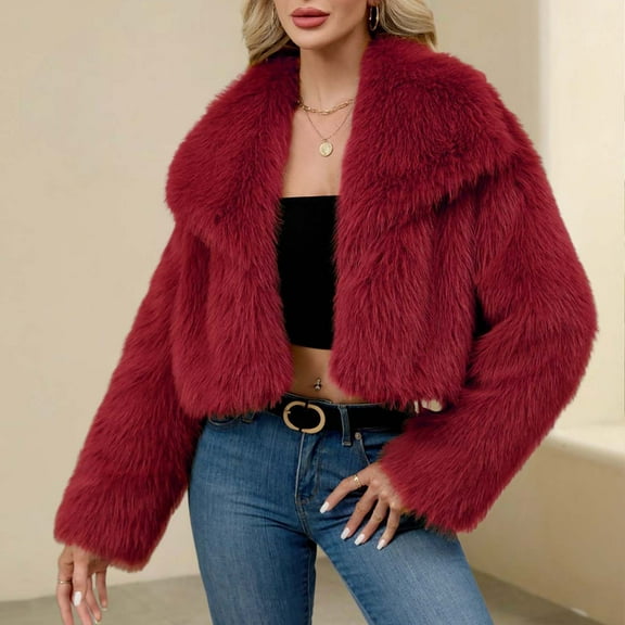 CQONEPT Faux Fur Coats for Womens Lapel Neck Thicken Cardigan Overcoat Sherpa Fleece Jackets Fuzzy Cozy Warm Clothes Wine 2XL