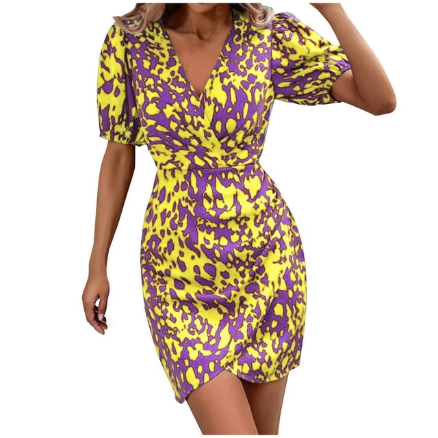 Robes Courtes pour Femmes Été Femmes à Manches Courtes Imprimé Col en V Taille Jusqu'au Genou Robe Décontractée Mode Robe Courte d'Été pour Femmes Robe à Manches Courtes pour Femmes Robe Courte pour Femmes Été