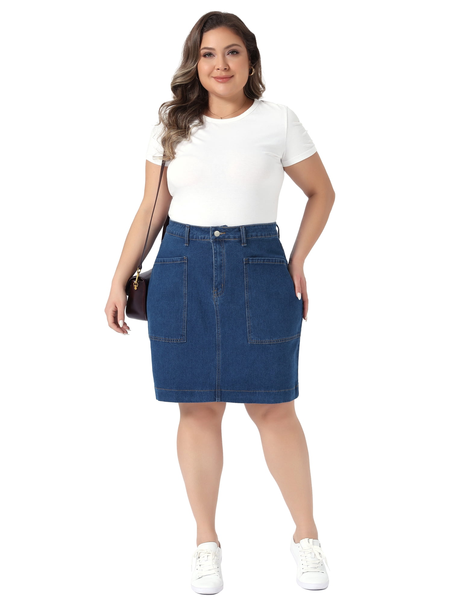 DARING DIVA Women's Plus Denim Pencil Skirt High Waist Knee Length 3X Blue