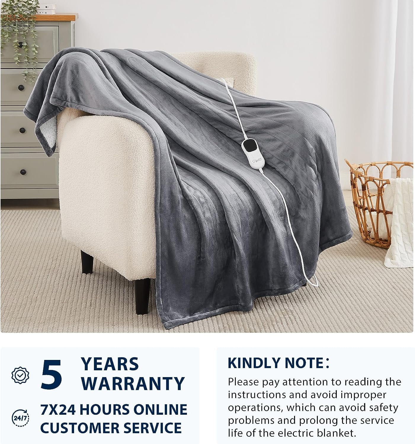 Homemate Electric Heated Blanket Throw , 50"x60" Heating Bed Blankets Throw with 10 Heating Levels 8 Hours Auto Off Fast Heating Over-Heated Protection Ultra Soft Warm Flannel ETL Certified, Grey
