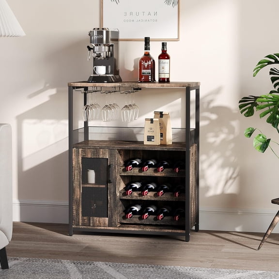Coffee Bar Cabinet, Wine Bar Rack Cabinet with Detachable Wine Rack, Liquor Cabinets with Mesh Door, 36 in Tall, for Kitchen, Dining Room, Living Room, Burnt Color