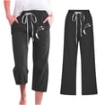 thumbnail image 2 of ZZwxWA Capris Straight Oversize Tube Feather Printed Cotton Linen Casual Comfy Going Out Elastic Drawstring Floral Print Pants Women High Waist Trousers Black S, 2 of 4