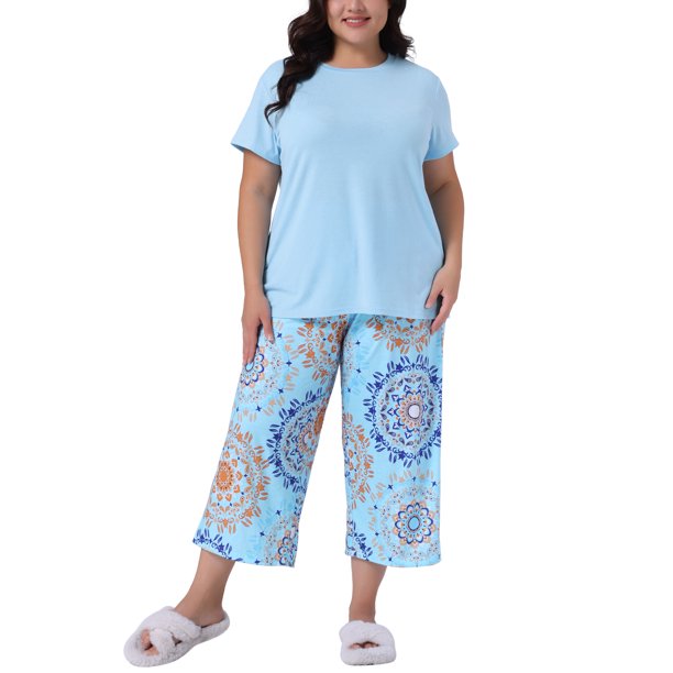 Conjunto de pijamas de dos piezas para mujeres de tallas grandes Agnes Orinda para el Día de la Madre, con camisetas de manga corta y pantalones, patrón impreso, 2X azul