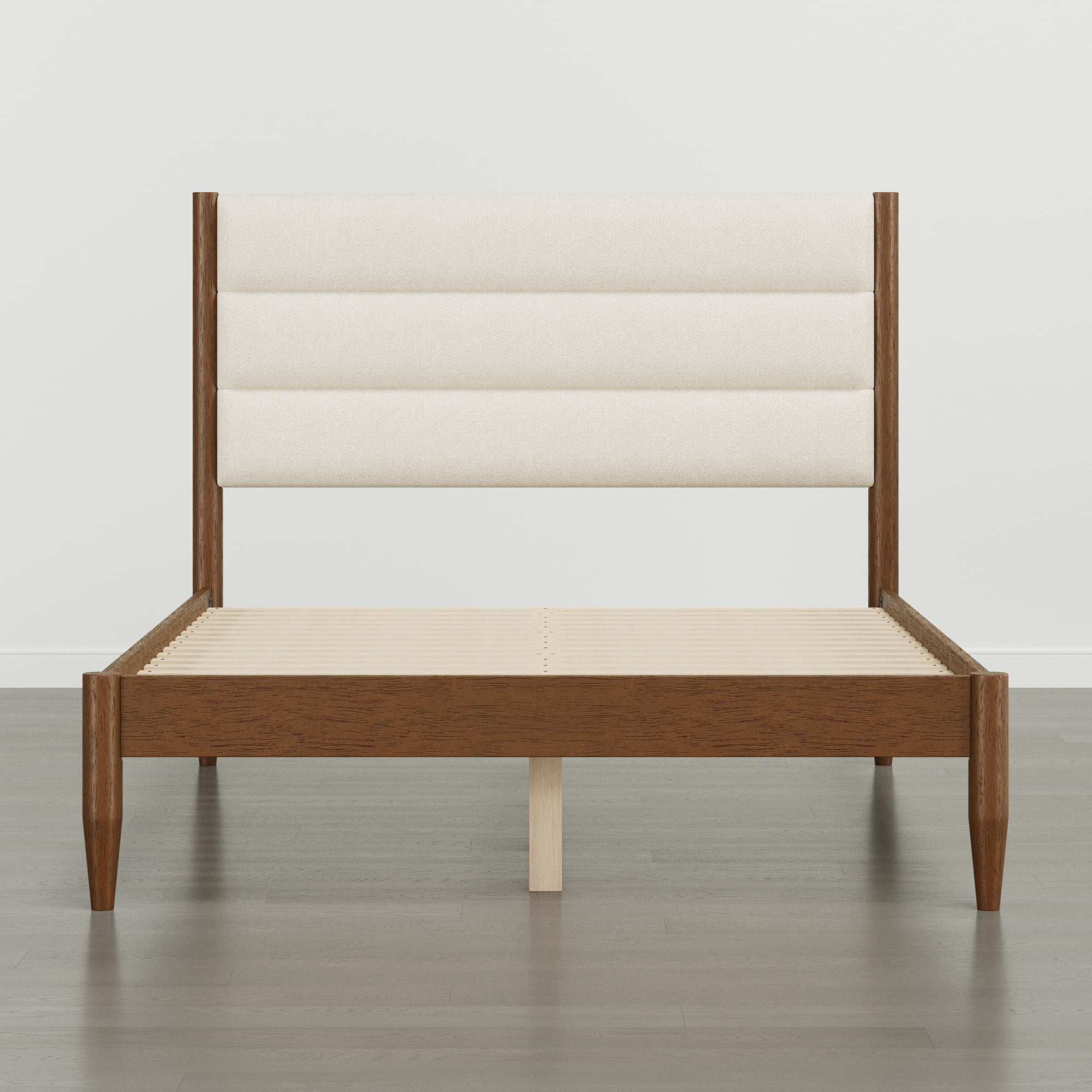 Spruce & Spring Farmhouse Full Upholstered Bed Frame, Solid Rubberwood Frame, Cream Boucle Headboard, Noise-Free, No Box Spring Required, Walnut & Cream