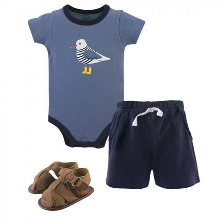 UPC: 0660168554557 | Hudson Baby Infant Boy Cotton Bodysuit  Shorts and Shoe 3pc Set  Seagull  0-3 Months