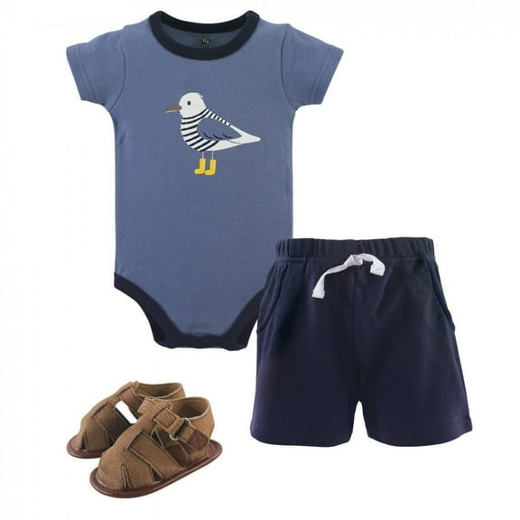 Hudson Baby Infant Boy Cotton Bodysuit, Shorts and Shoe 3pc Set, Seagull, 9-12 Months