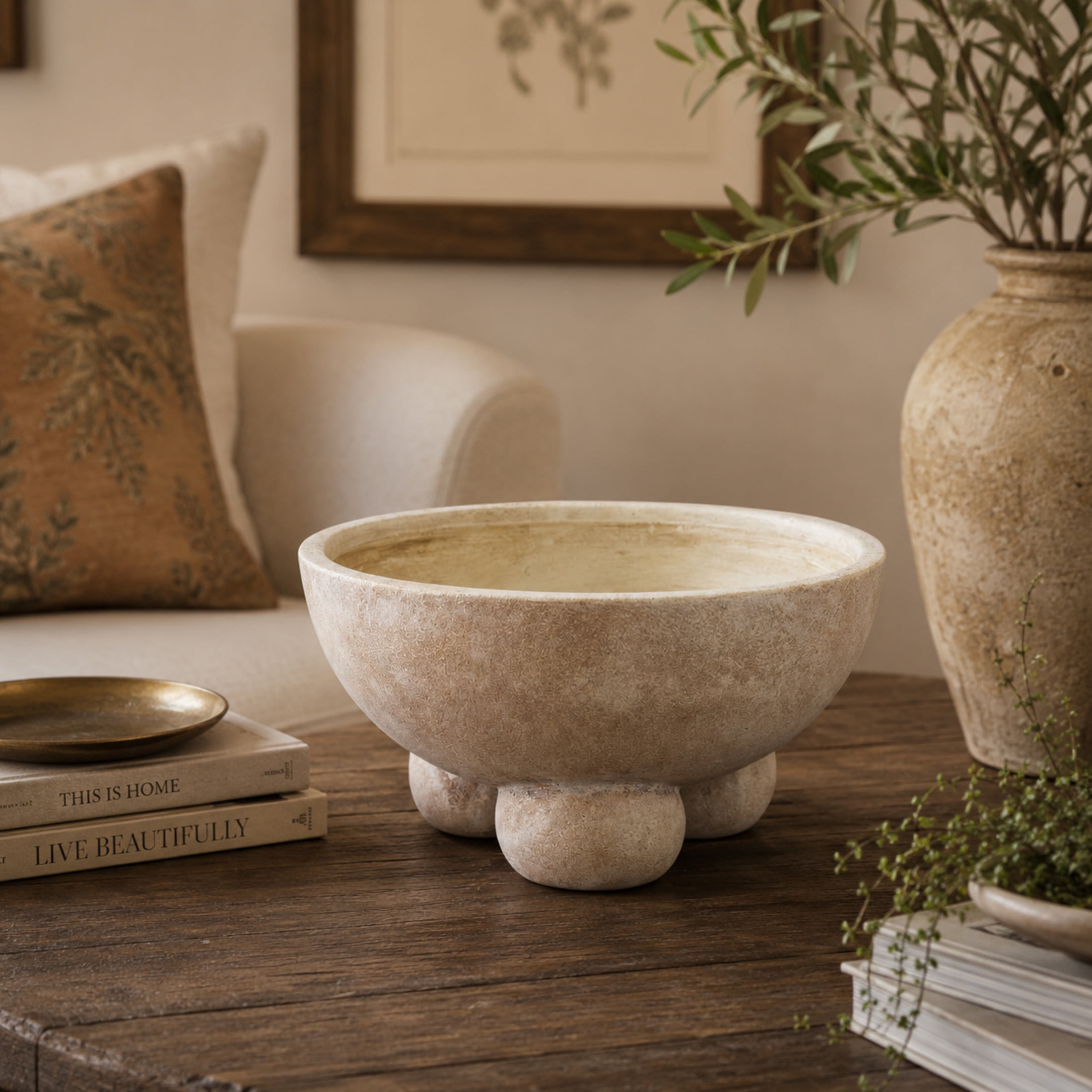 DecMode 11" Round Antique Style Washed Cream Ceramic Decorative Bowl with Three Round Legs