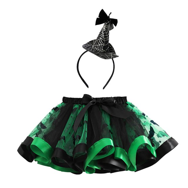 WEAIXIMIUNG Denim Skirt Mini Ruffle Kids Girls Ballet Skirts Hallowmas Party Prints Dance Skirt Hairband Set