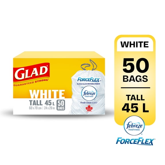 Sacs à ordures blancs de Glad, boîte de 50 sacs à ordures ForceFlex longs de 45 L à cordon coulissant avec senteur fraîche et