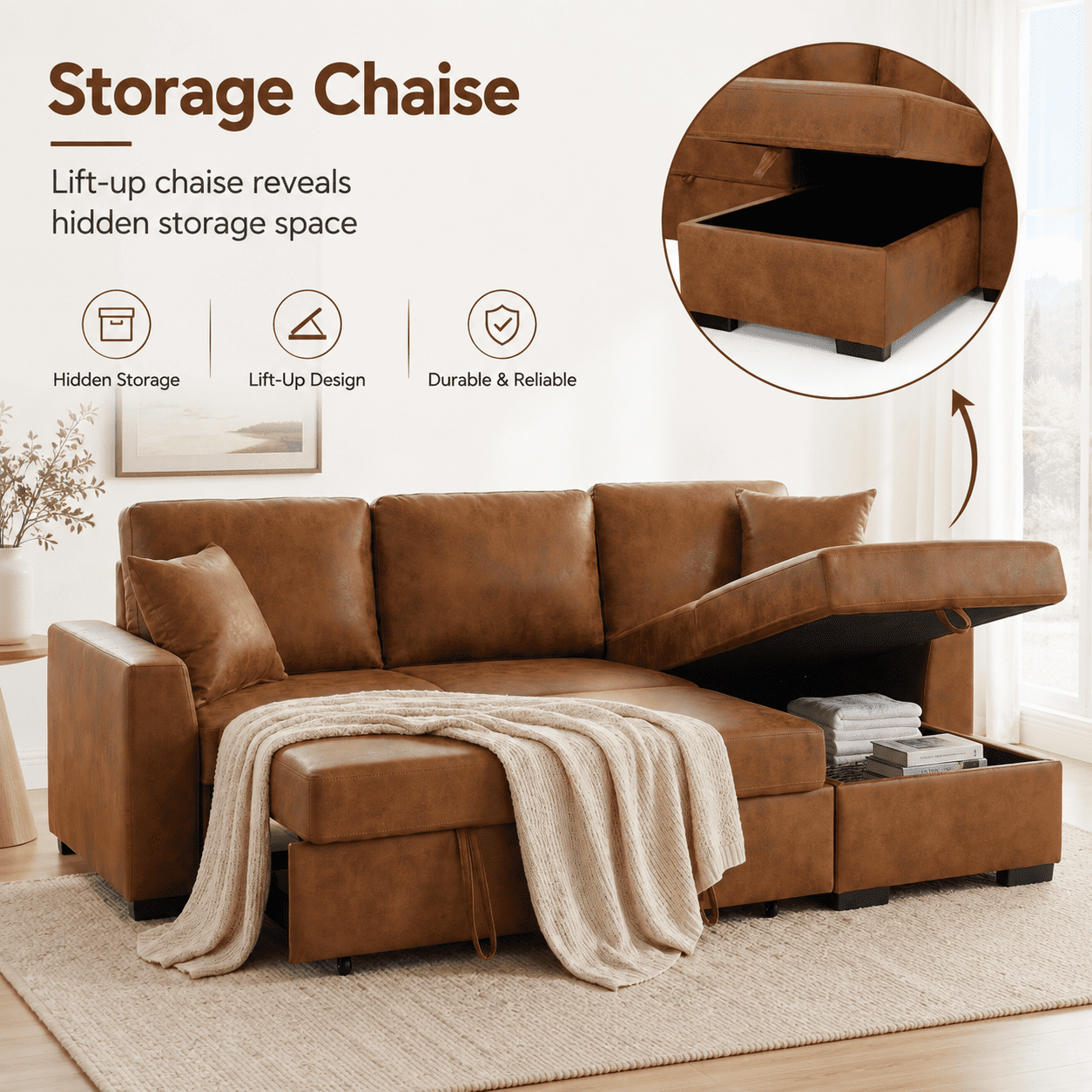Howcool 94" Upholstered Sectional Sofa with Pull-Out Bed and Storage Chaise,Textured Fabric Sleeper Couch with USB Charger & Cup Holders for Living Room,Brown