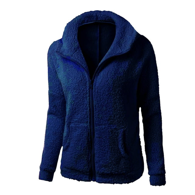 EGNMCR Veste d'Hiver en Molleton Pelucheux pour Femmes, Cardigan Décontracté à Col Rabattu, Couleur Unie, Fermeture Éclair, chandail-Over avec Poches