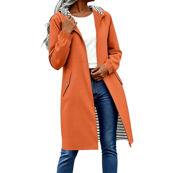 Qulqfy Orange Womens Long Hooded Fall Rain Jackets Nylon Waterproof Windbreaker Outdoor Travel Coats S